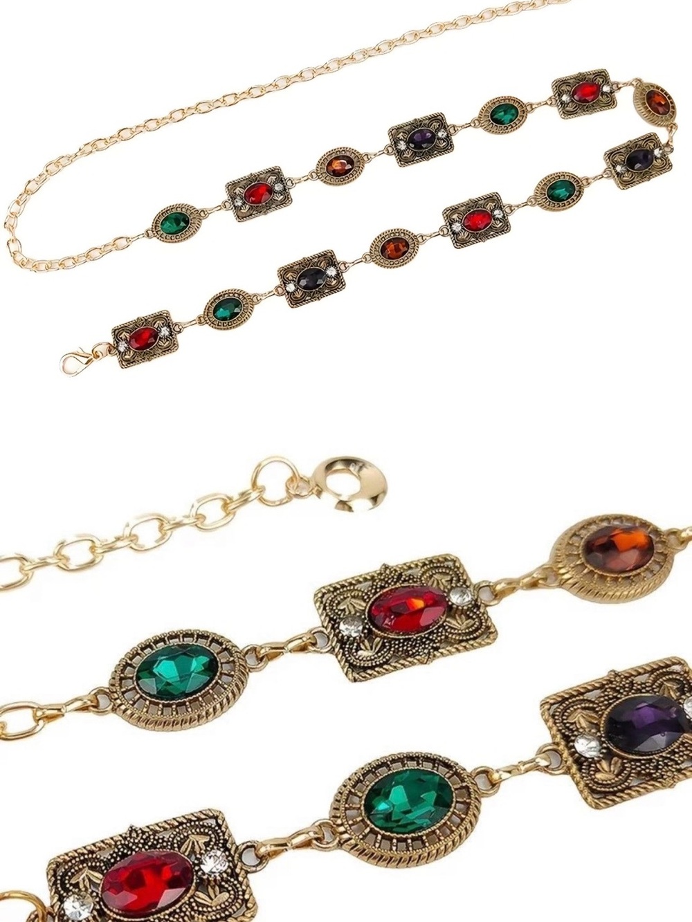 Gold-Tone Multi Gemstone Waist Chain/Belt Colors: -Green, Red, Purple, Amber